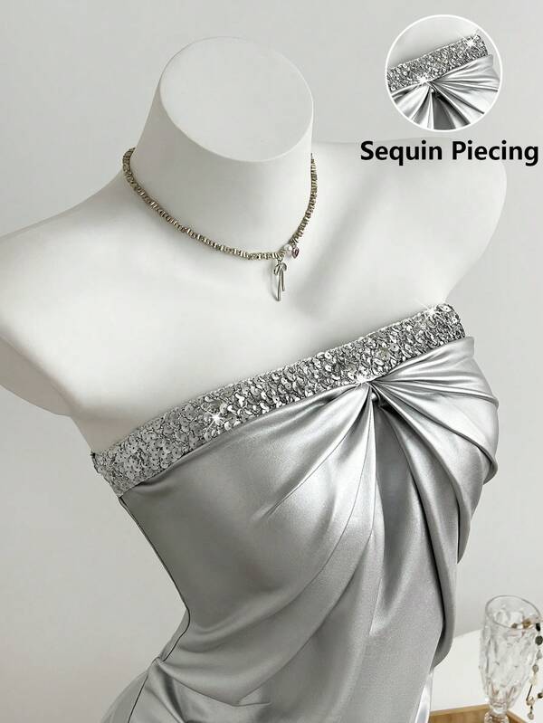 Elamini 女士休闲优雅派对褶皱亮片抹胸连衣裙