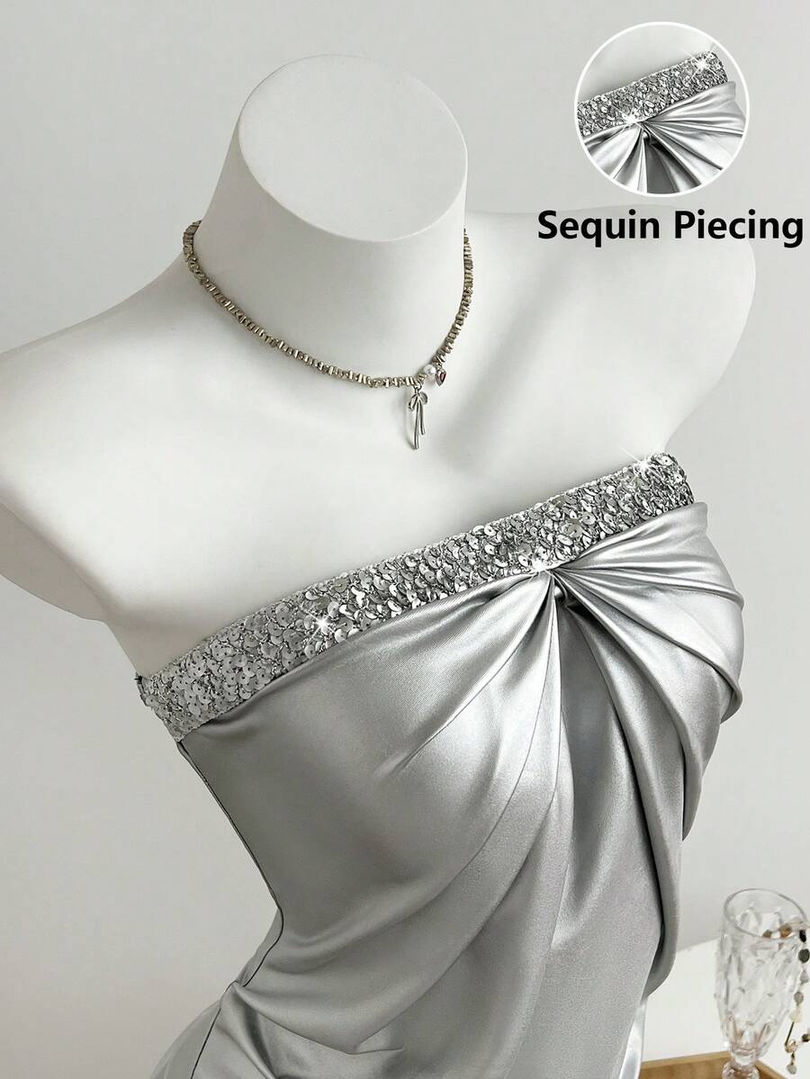 Elamini 女士休闲优雅派对褶皱亮片抹胸连衣裙 - 銀色 - 查看 1