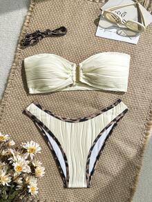 Swim Chiccia Women's New Textured Fabric Leopard Print Splice Strap Top And High Cut Triangle Bottom Elegant Casual 2-Piece Swimsuit, Spring/Summer - Multicolor - View 6