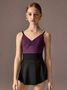 Tween Girls 2 Pieces Set: Burgundy Sleeveless Minimalist Jumpsuit And Skirt. High Stretch Dual-Tone Fabric Splice Design Fitted Ballet Leotard, Suitable For School, Professional Training, Ballet, Gymnastics, Dance Studio, Dancing, Dance Wear - Multicolor - View 6