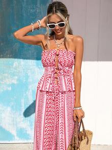 Vivid Eden Conjunto de 2 piezas de top corto con nudo delantero y pantalones de pierna ancha con estampado geométrico de rayas, estilo bohemio para vacaciones de verano - Multicolor - Ver 2