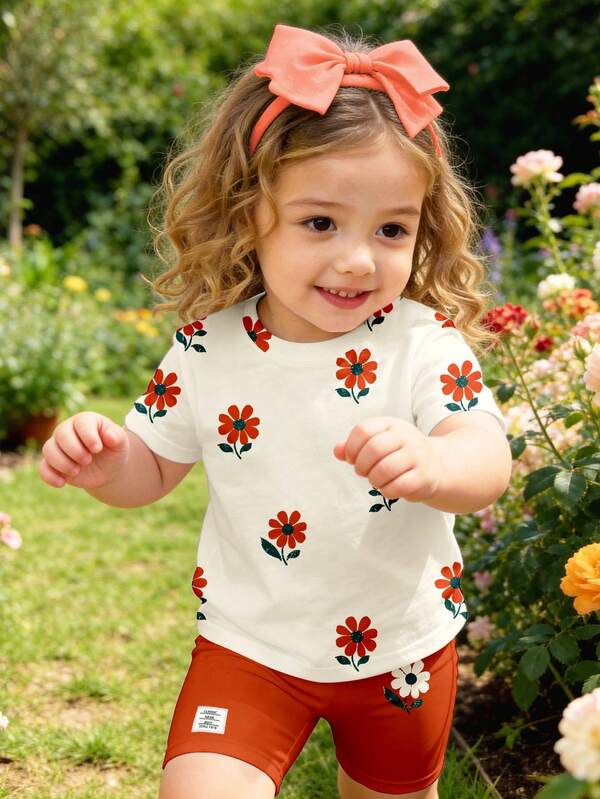 SHEIN Baby Girl Casual Loose Round Neck Short Sleeve T-Shirt And Tight Cycling Shorts Set, Suitable For Spring/Summer, Classic Cute Floral Print, Suitable For Outdoor Activities