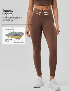 OutZeal 女士吸汗中度压缩交叉腰侧口袋紧身裤，适合日常健身和普拉提 - 棕色 - 查看 2