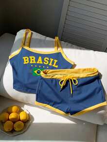 SHEIN EZwear Bộ đồ thể thao mùa hè dành cho nữ, áo croptop và quần short in chữ nhiều màu sắc cờ Brazil, hàng hóa dành cho người hâm mộ thể thao. - Nhiều màu - Xem 4