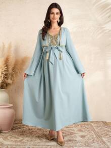 SHEIN Vestido de maternidad elegante de unicolor con parches de encaje y mangas con brillo - Azul - Ver 7