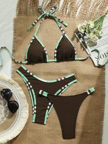 Swim Vcay 3pcs Solid Color Bikini Set, Women Swimwear For Spa Resort - Coffee Brown - View 1
