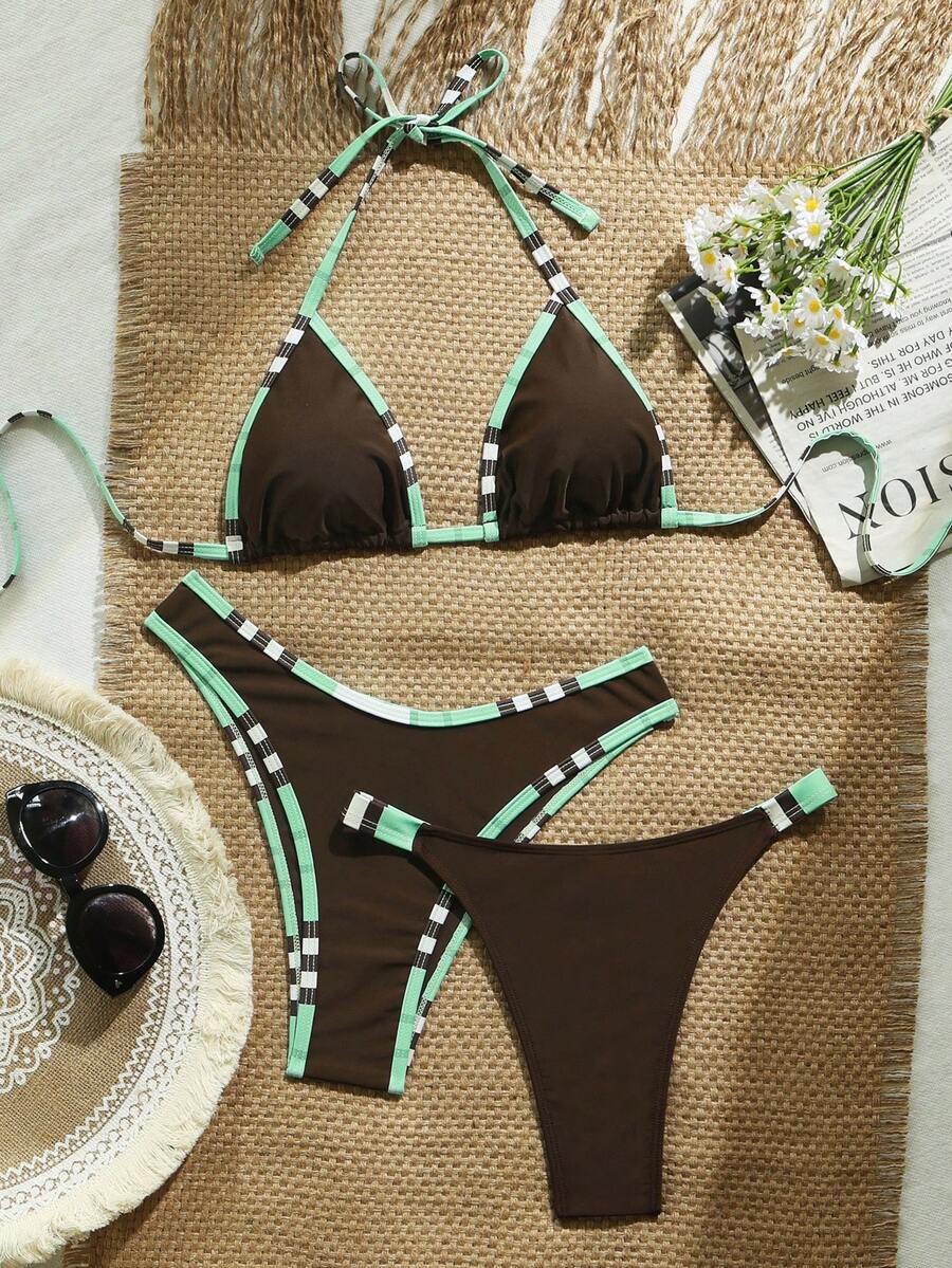 Swim Vcay 3pcs Solid Color Bikini Set, Women Swimwear For Spa Resort - Coffee Brown - View 1