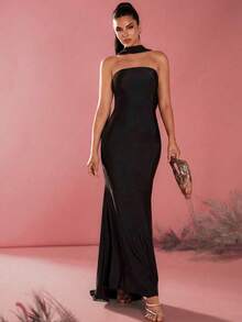 Glamine 绿色修身缎面领口露背摆领前抹胸优雅迷人鱼尾长款舞会礼服 - 黑色 - 查看 3