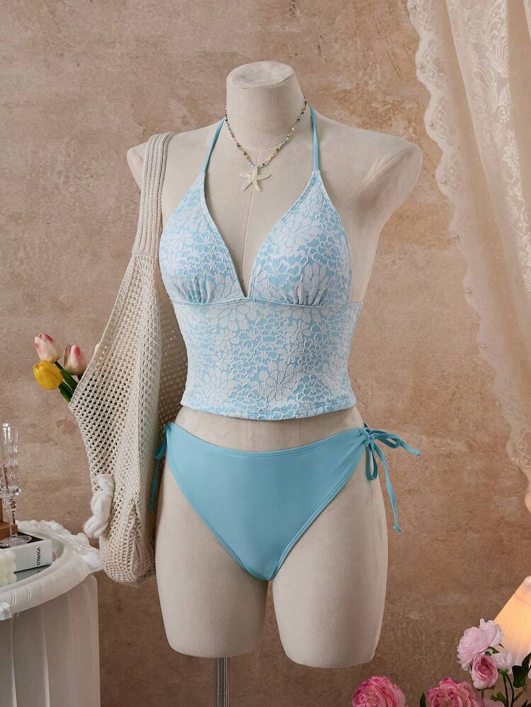 Swim Mod Women's Summer Beach Vacation Blue Floral Contrast Color Twist Halter Tankinis Swimwear, 2026 New Women's Swimwear ArrivalFor School, Suitable For Holiday, Date, Afternoon Tea, Western, Cruise, Beach, Island, Road Trip, All Seasons, Music Festival, Boho Vacation, Bohemian Vacation, Chill Autumn , Western Boho , Elegant Tops For Women Bikini Set Aqua Bikini Beach 2 Pieces Set Beach Top Bikini Set Vacation Swim Oasis 2 Piece - Blue - View 4
