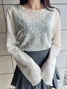 FRIFUL Women's Solid Beige Patchwork Sheer Lace Fabric Flared Sleeve Loose Casual Versatile Blouse - Beige - View 2