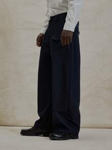 Smart Style Tailored Button Fastening Baggy Trouser Bottoms Front Triangle Pocket Detailing Pants Spring Summer Essentials - Navy Blue - View 3