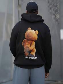 Heavens Edit Men's Autumn/Winter New Casual Creative Text & Cartoon Bear Print Hooded Sweatshirt, Long Sleeve Top - Black - View 4
