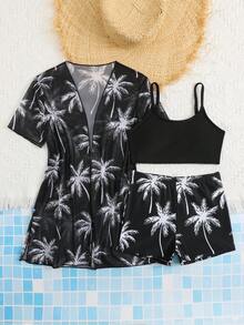 SHEIN 3件套少女椰树印花泳衣套装，包括罩衫、针织吊带背心和短裤，适合游泳、夏季、度假和海滩穿着。 - 黑與白 - 查看 4