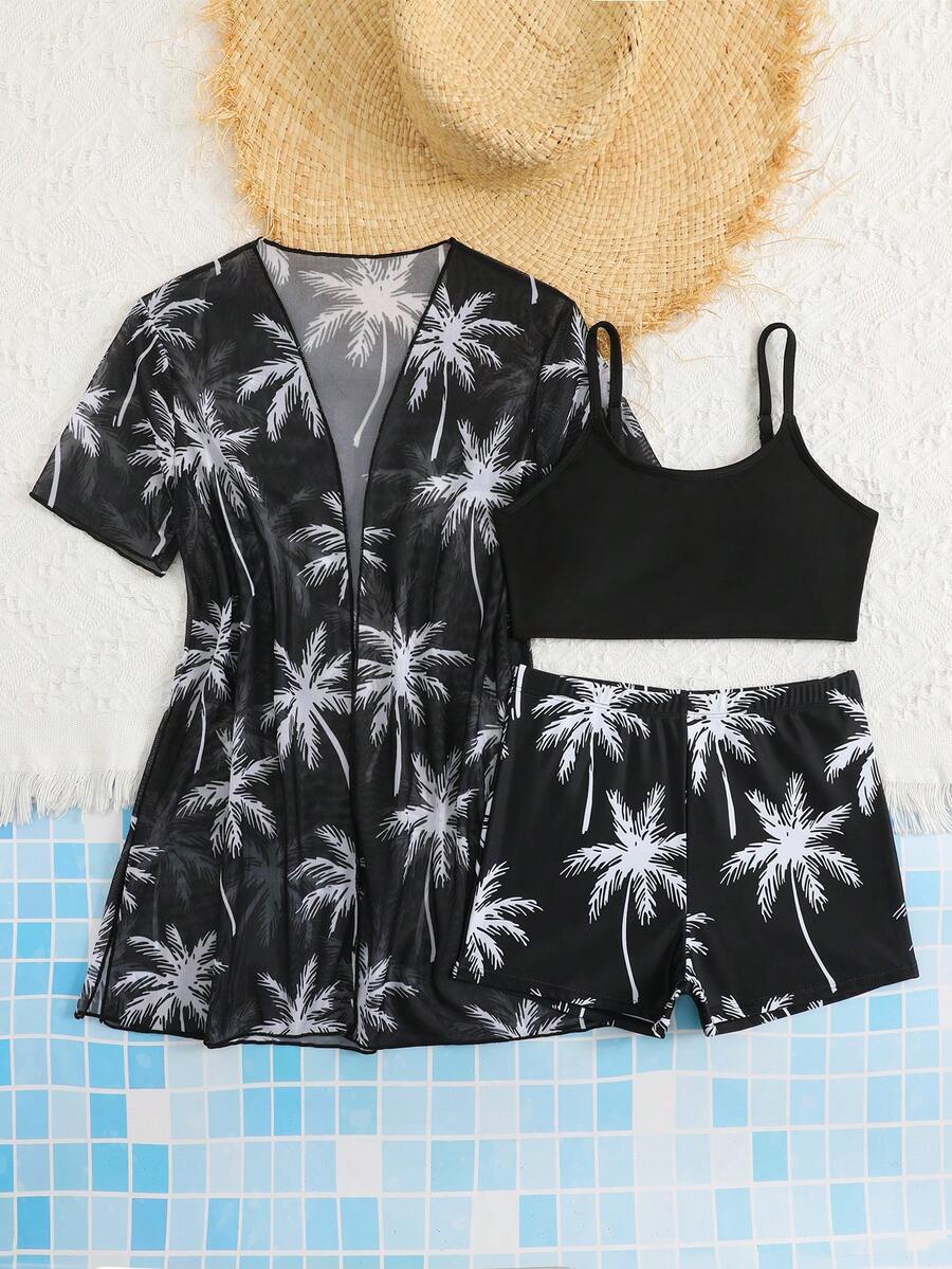 SHEIN 3pcs Tween Girl Coconut Tree Print Swimwear Cover Up,Knit Camisole And Shorts Set,White,Summer,Funny,Tropical,Beach,Vacation Gift,Holiday
