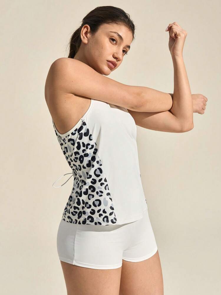 Exploreva Áo tank top nữ màu trắng xếp ly, phối họa tiết da báo, phản quang, có dây rút, thích hợp cho thể thao và hoạt động ngoài trời. - trắng - Xem 5