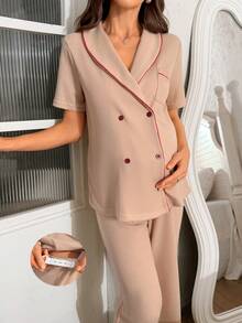 Moonlight&Mama Bộ đồ ngủ bà bầu 2 món, cổ ve áo phối màu tương phản, cài khuy đôi, tay ngắn, dáng rộng. - Màu Khaki - Xem 5