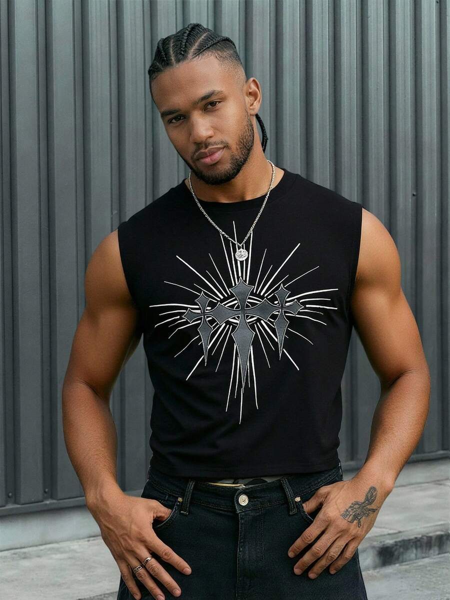 AXEPEAK Men's Cross Print Casual Versatile Tank Top - Black - View 1