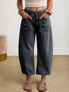 SHEIN PETITE 女士纯色休闲牛仔裤 - 黑色 - 查看 3