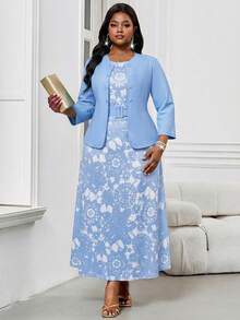 SHEIN Lady 2件套加大码女士商务抽象波浪印花简约圆领系带度假中长连衣裙套装外出服蓝色两件套春夏服装休闲连衣裙女士碎花连衣裙芥末黄连衣裙女士蓝色碎花连衣裙女士教堂连衣裙女士半身裙套装女士半身裙夏季连衣裙春季连衣裙毕业典礼 - 淺藍色 - 查看 6