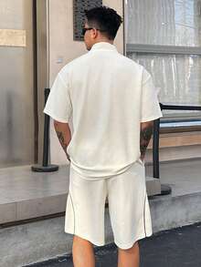 DAZY 男士Polo衫短裤套装，撞色装饰线条，夏季款 - 白色 - 查看 2