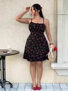 SHEIN EZwear Vestito casual a canotta con stampa di ciliegie e laccio frontale, taglie comode per donna - nero - Visualizzare 8