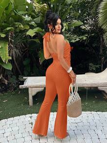 SHEIN SXY 纯色露背流苏镂空刺绣连体裤 - 橘色 - 查看 2