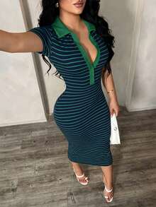 SHEIN SXY Đầm polo tay ngắn kẻ sọc đen trắng phong cách tối giản thường ngày dành cho nữ, đầm dệt kim co giãn ôm sát dài đến đầu gối, đầm thanh lịch kiểu Pháp. - màu xanh lá - Xem 2