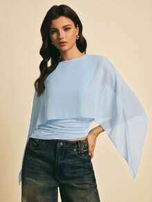 Poéselle 女士纯色圆领短款不对称下摆时尚简约衬衫 - 淺藍色 - 查看 5