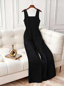 GlowEve CURVE Valentine DayPlus Size Women's Sleeveless Square Neck Corduroy Fabric Pocket Heart Decor Contrast Color Mushroom Button Jumpsuit, Elegant & Romantic For Autumn/Winter Date - Black - View 2