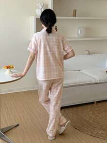 2件套女童休闲格子开衫短袖上衣和裤子睡衣套装 - 淺粉色 - 查看 2