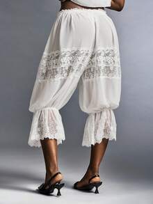 Amplova Romantic Vacation Sheer Comfortable Chiffon & Contrast Lace Low Waist Lantern Pants Capri - White - View 3