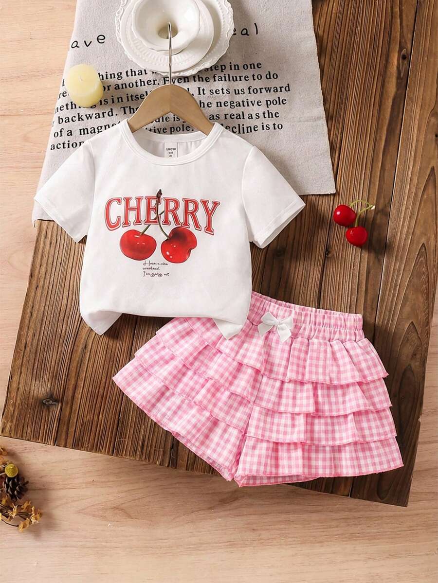 SHEIN LMoss Kids 两件套女童樱桃印花针织上衣和格子半裙套装 - 淺粉色 - 查看 1