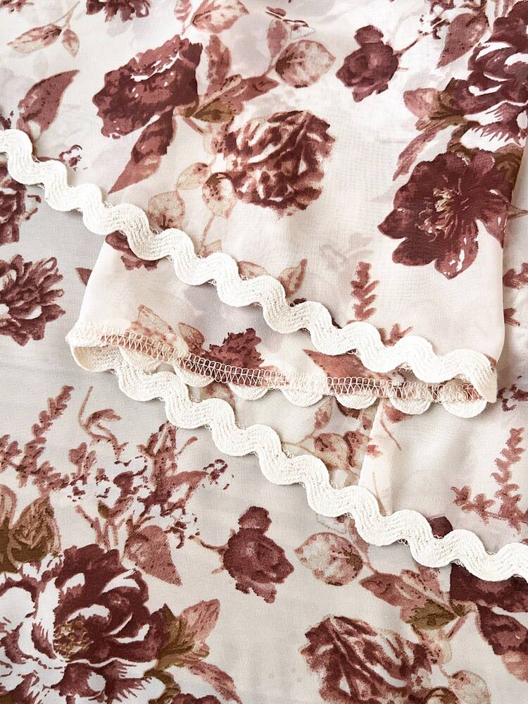 Plus Size Women's Summer Casual Vacation Country  Lace And Floral Embroidered Patchwork Floral Print Long Sleeve Roll-Up Sleeve Jacket For Summer/Flower,Summer Holiday,Spring Break Outfits ,Vacation Outfits Women ,Holiday Outfits For Women,Going Out Outfits,2026 New Clothes,Simple And Fashionable For Everyday Wear,Casual Vacation Boho Top,Suitable For Summer, Vacation, Commute, Daily Wear,Lightweight Vacation Coat,Chiffon Floral Print Cardigan