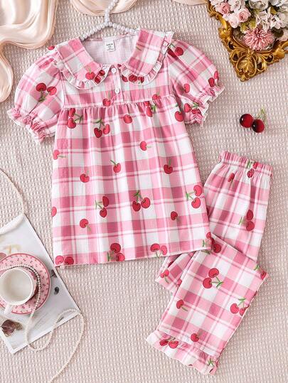 Girls' Plaid Print Ruffle Sleeve Cherry Embroidery Short Sleeve Top And Pants 2 Pieces Casual Loungewear Set