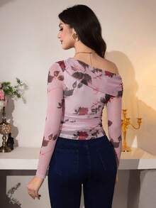 Modelyn Áo thun nữ in hoa, chất liệu lưới, xếp ly, vai lệch, kiểu dáng thường ngày, thời trang cho những buổi đi chơi và hẹn hò, mùa thu. - Hồng - Xem 3