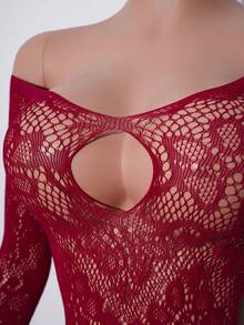 1pc Women's Sexy Hollow-Out Sheer Bodysuit, Valentine's Day - Burgundy - View 5