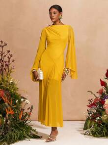 Zivah 2026春夏新款，不对称领口长袖开衩网纱透视长款连衣裙，带衬里，适合情人节、音乐节、复活节、西部风、波西米亚风、纳什维尔派对等场合，黄色 - 鵝黃色 - 查看 4