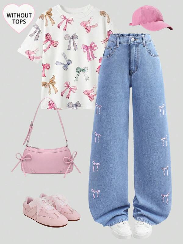 SHEIN Teen Girl Pink Bow Decor Blue Denim Loose Fit Pants,Cute Back-To-School Summer Vacation Boho Beach Wear,Western Street Rave Prom Sweet 16 Outfit