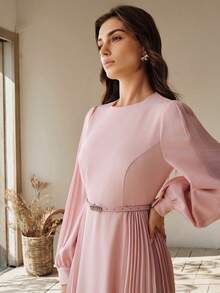 Anewsta 女士褶裥优雅收腰连衣裙 - 粉色 - 查看 5