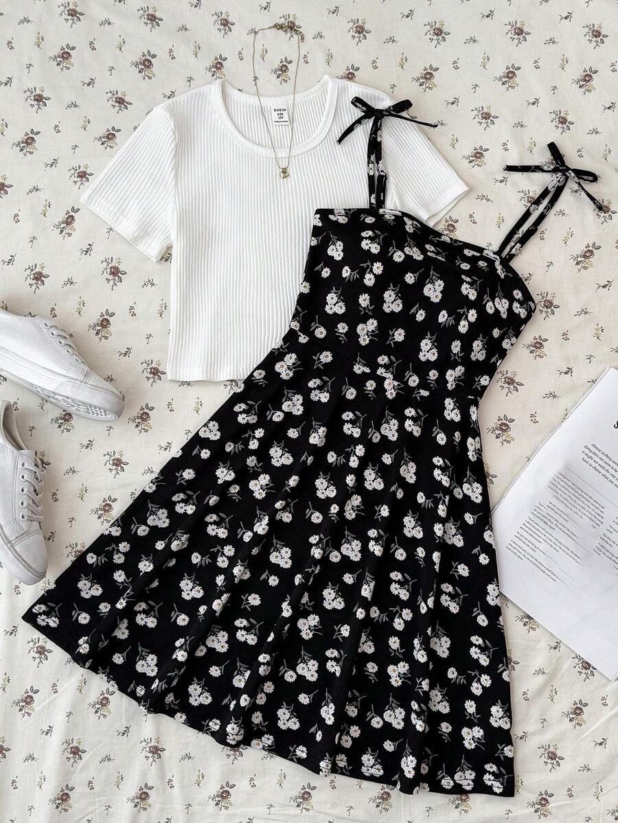 Tween Girls Solid Color Round Neck Short Sleeve Top And Ditsy Floral Camisole Dress Set - Multicolor - View 1