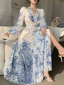 DAZY Women's Elegant Floral Print V-Neck Puff Sleeve Tie Waist Mid-Length Dress, Spring/Summer Wedding Guest Dress - Blue - View 7