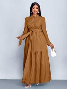 SOLERSUN 大码女装纯色宽松休闲立领前开衩水滴扣高端设计长袖腰带修身A字长裙，优雅舒适休闲时尚通勤气质连衣裙，新款，日常穿着，新年、秋季、冬季、约会、圣诞节，女装 - 卡其色 - 查看 4