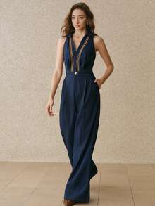 Anewsta 女士复古修身无袖高腰镂空刺绣免水洗牛仔连体裤，春夏喇叭连体裤，藏蓝色连体裤，女士连体裤，牛仔连体裤 - 藍色 - 查看 4