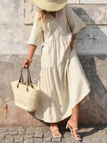 EMERY ROSE 女士纯色休闲宽松V领简约百搭长裙 - 米色 - 查看 6