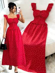 Elenzga 新款方领梭织印花短袖荷叶边露背优雅长裙，适合情人节、圣诞节、年轻女士穿着。 - 紅白色 - 查看 5