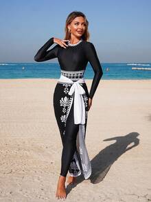 Swim Mulvari Women's Spring/Summer Fashionable Round Neck Long Sleeve Zipper One-Piece Suit And Women's Long Swim Trunks Extra Long Tie-Waist Mesh Skirt One-Piece Set - Black and White - View 5