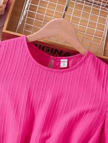 SHEIN 少女夏季短袖紋理圓領裙 - 玫紅色 - 查看 4