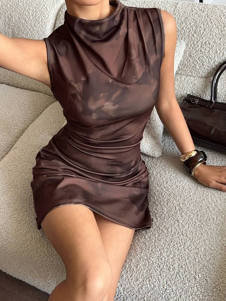 Siren Gaze Women's Floral Print Ruched Collar Fitted Mini Dress Summer Elegant - Chocolate Brown - View 3