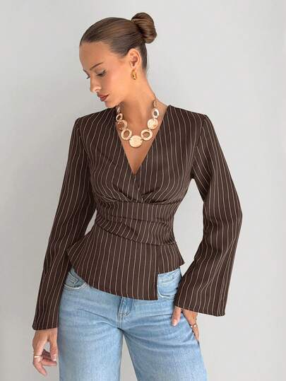 Siren Gaze Women's Striped V-Neck Ruffle Asymmetrical Hem Fashionable Versatile Commuting Long Sleeve Blouse