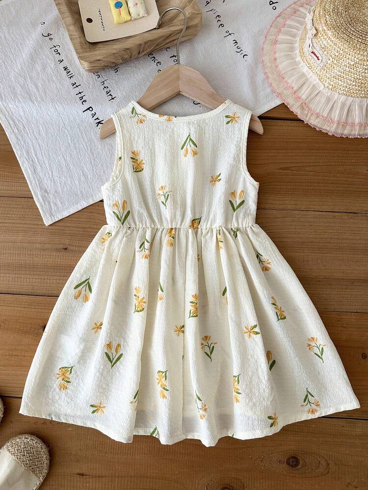 SHEIN Đầm hoa dáng casual cho bé gái, có nơ trang trí, thích hợp cho mùa xuân/hè, ở nhà, ngoài trời, đi nghỉ mát, mặc hàng ngày. - Nhiều màu - Xem 2